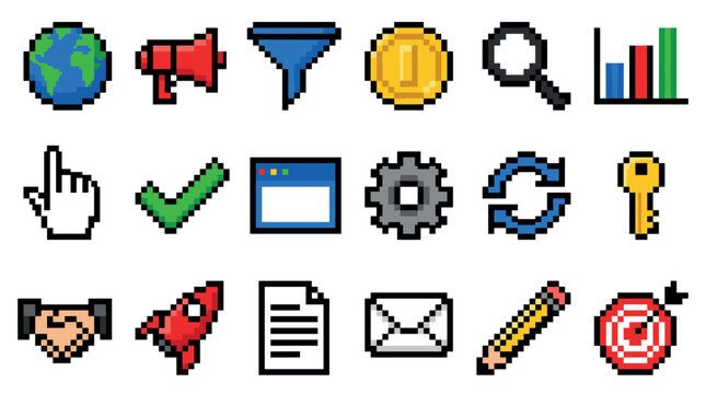 Colorful set of pixel art icons representing business, marketing, and technology concepts like a globe, rocket, and target, rendered in a retro 8-bit video game style