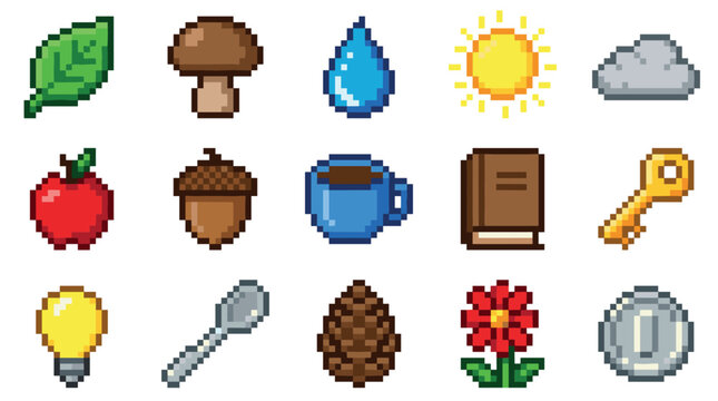 Set of colorful pixel art icons featuring nature, food, and everyday objects like a leaf, sun, apple, and key, rendered in a classic retro 8-bit video game graphic style