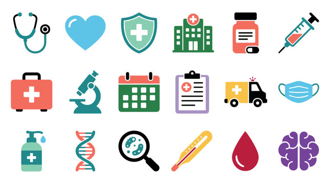 Collection of colorful flat medical icons representing various healthcare and science concepts including a hospital, stethoscope, syringe, ambulance, and DNA symbol