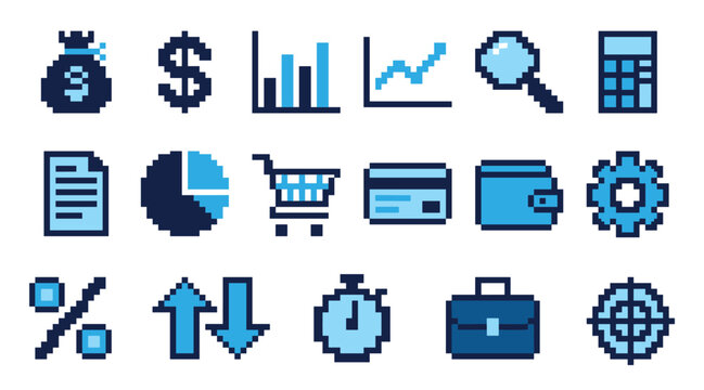 Blue pixel art business and finance icons featuring a dollar sign, graphs, a wallet, a briefcase, and a shopping cart, rendered in a minimalist 8-bit video game aesthetic