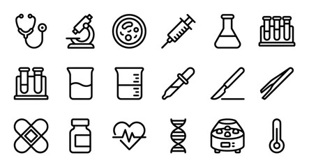 Set of black line art icons representing medical and laboratory equipment like a stethoscope, microscope, test tubes, and DNA helix for science and healthcare themes