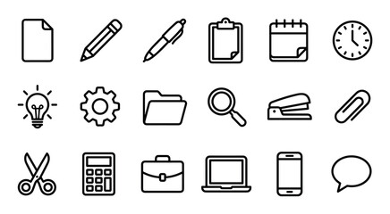 Fototapeta premium Set of black line icons for business and office work, including a laptop, smartphone, calendar, and stationery items in a minimalist vector style graphic illustration