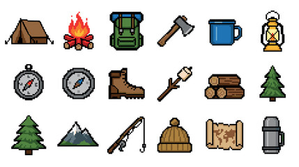 Set of pixel art camping icons for outdoor adventure and hiking, featuring a tent, campfire, backpack, and compass in a retro 8-bit video game graphic style © David