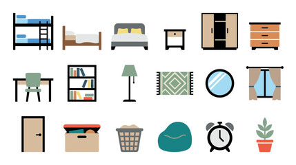 Collection of bedroom furniture and decor icons in a flat design style showing a bed, wardrobe, desk, lamp, and other household objects for interior design concepts © David
