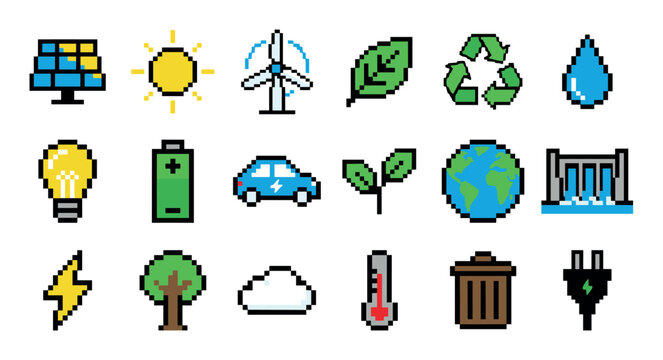 Set of pixel art icons representing ecology, renewable energy, and sustainability concepts like solar panels, wind turbines, and recycling symbols in a retro 8-bit style