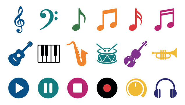 Colorful collection of music icons and symbols including instruments, notes, and player controls in a flat graphic design style for various creative media projects