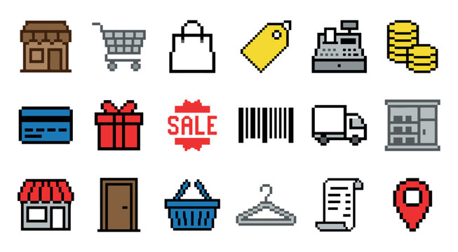 Set of pixel art shopping icons for e-commerce and retail, including a cart, bag, store, gift, and sale sign, rendered in a colorful 8-bit retro video game style