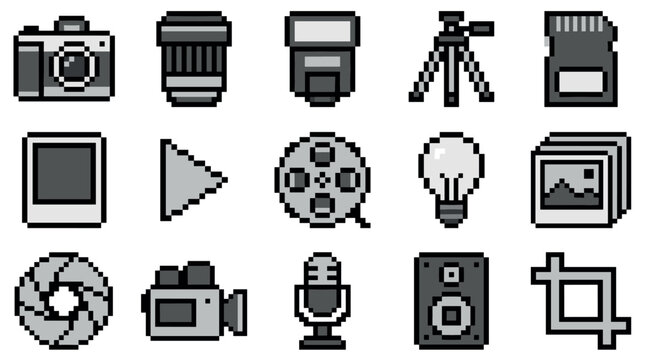 Set of monochrome pixel art icons for photography and videography including a camera, lens, tripod, and film reel in a retro 8-bit gaming style illustration