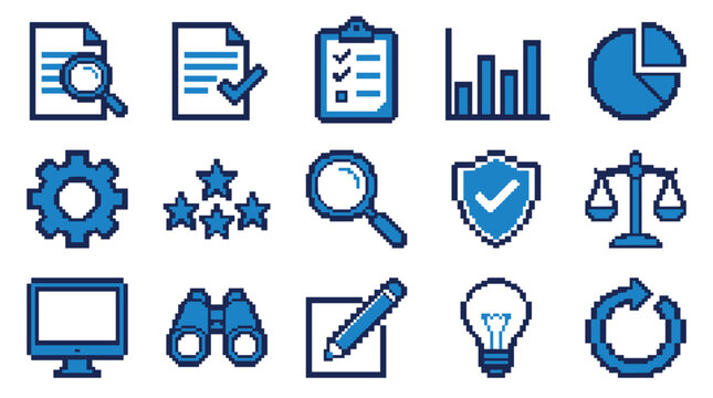 Blue pixel art icon set with various business and technology symbols like charts, documents, and a gear, designed in a retro 8-bit video game aesthetic