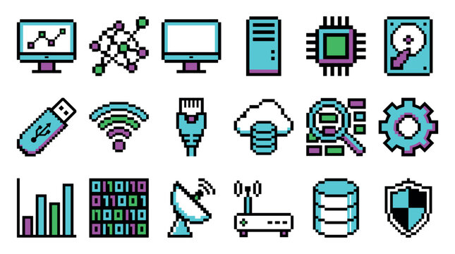 Set of colorful pixel art technology icons representing data, networking, computing, and security in a retro 8-bit style with computer, server, and cloud symbols