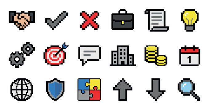 Set of business pixel art icons for finance, strategy, and communication concepts, featuring a handshake, target, globe, and puzzle in a retro 8-bit video game style