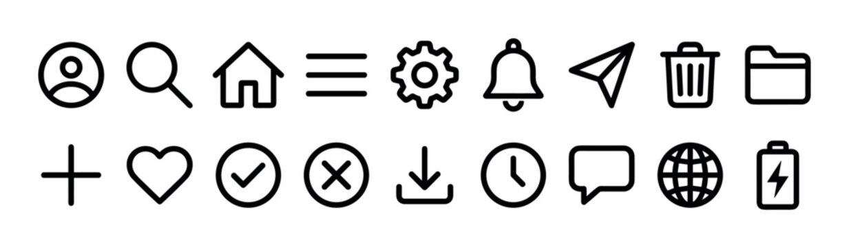 Set of black line icons for user interface design, featuring common symbols like home, search, settings, and profile for web and mobile application development