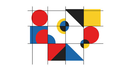 Naklejka premium Dynamic abstract composition of primary-colored geometric shapes, including circles, squares, and triangles, arranged on a precise grid, creating a modern graphic design