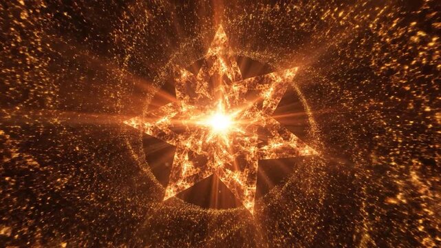 Glowing star-shaped light with golden particles in dark space.