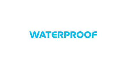Waterproof text graphic with blue letters on white background.