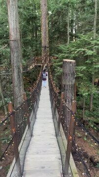 A person walking on the Capilano Suspension Bridge with small lights glowing along the bridge in a magical evening atmosphere