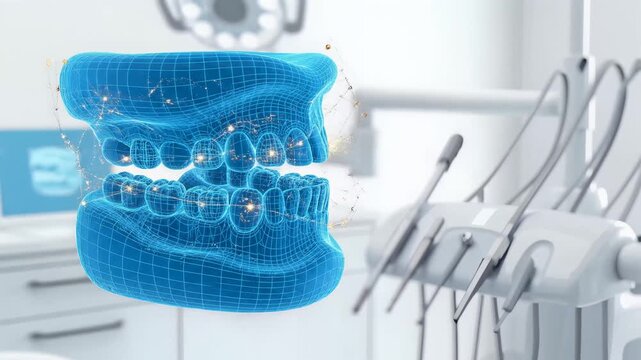 3D dental scanning animation with blue wireframe model of human jaws and teeth in a modern dental clinic, symbolizing advanced dental technology and digital dentistry