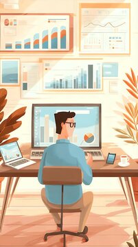 Flat design animation of a digital marketer managing social media campaigns, multiple floating social media icons, notification bubbles popping up, analytics dashboard showing increasing engagement 