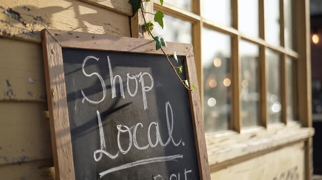 Chalkboard sign with 'Shop Local' message outside a storefront, slow motion shot, symbolizing community support and local business promotion