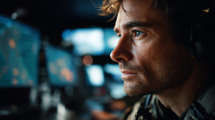 Obraz premium Faceless soldier in dimly lit control room, defocused multiple screens displaying maps and heat signatures, real-time tactical data, focused expression area, cinematic military