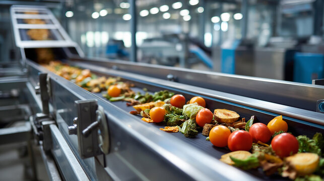 Close-up of decomposing organic matter and food scraps on conveyor belt, well-lit modern recycling facility with automated sorting equipment, waste processing detail, defocused