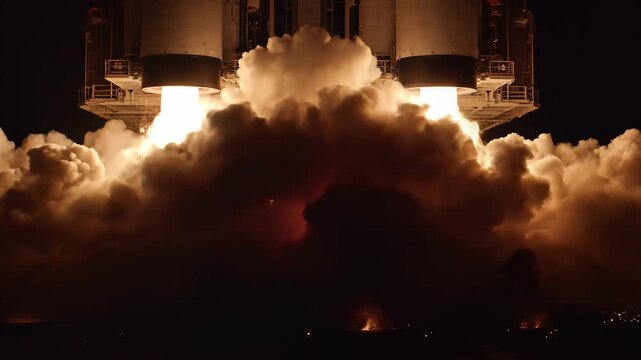 Dramatic Rocket Launch with Explosive Flames and Smoke, Slow Motion Footage of Powerful Engines Igniting, symbolizing innovation and technological advancement