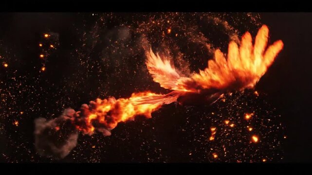 fiery phoenix rising from flames, burning bird, fire wings, dark background