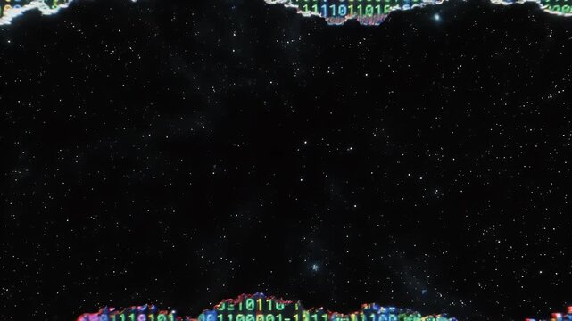 Digital data stream obscured by torn texture, vibrant hues