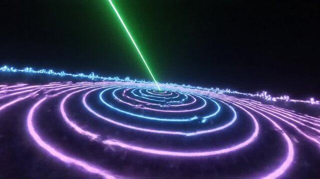 Vibrant neon light waves and concentric circles illuminate a dark digital