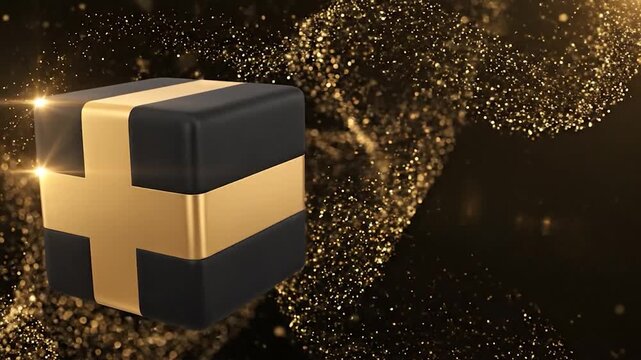 Elegant black cube with golden cross design floating in a sparkling background