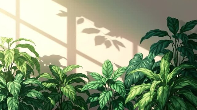 Anime-Inspired Virtual Scene with Lush Green Plants, Vibrant Yellow Leaves, Tranquil Indoor Window, Four-Pane Sunlit Frame, and Shadow-Cast Wall Backdrop