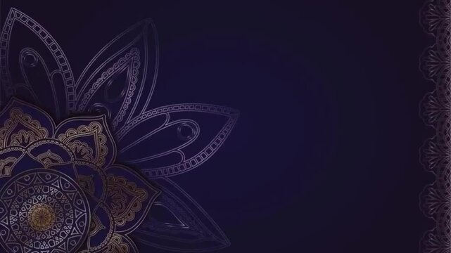 A floral mandala background with luxurious ornaments in dark blue and gold. This design features intricate geometric and plant-based patterns, often used for Islamic events, wedding invitations. 