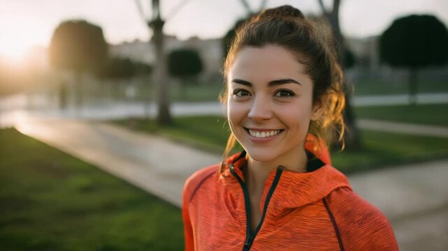 Young woman with a bright smile wearing an orange athletic jacket outdoors at sunset