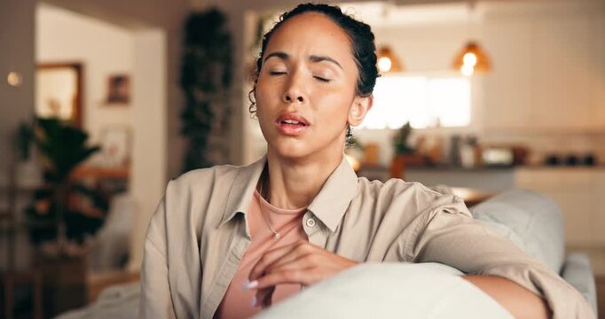 Home, thinking and woman with stress, cellphone and notification for bad news. Apartment, decision and person on sofa, smartphone or reaction for text message, frustrated or contemplation with wonder