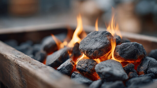 Glowing embers and flames in a wooden firebox for warmth or ambiance