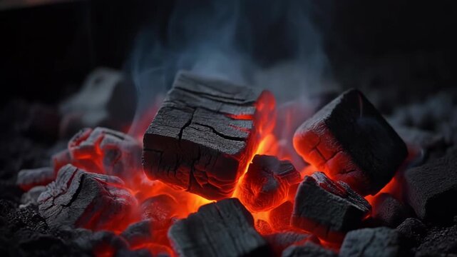 Close up of glowing hot charcoal embers with flames and smoke. 4k Footage Video