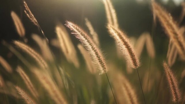 Warm evening light backlighting delicate feathery grass heads swaying gently
