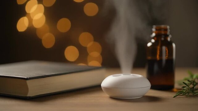 Aromatherapy diffuser with essential oil and book for relaxation. 4k Footage Video