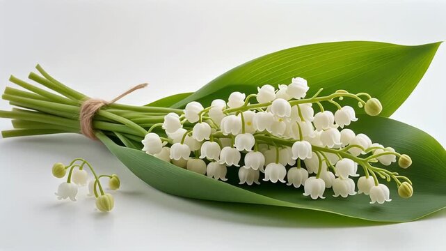 Beautiful Bouquet of Lily of the Valley Flowers on White Background. 4k Footage Video