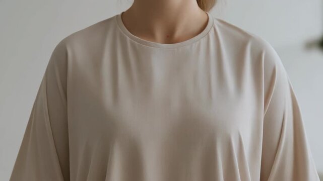 Close up of a woman wearing a beige tshirt. 4k Footage Video