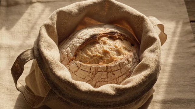 freshly baked artisan bread in a linen bag, rustic food photography