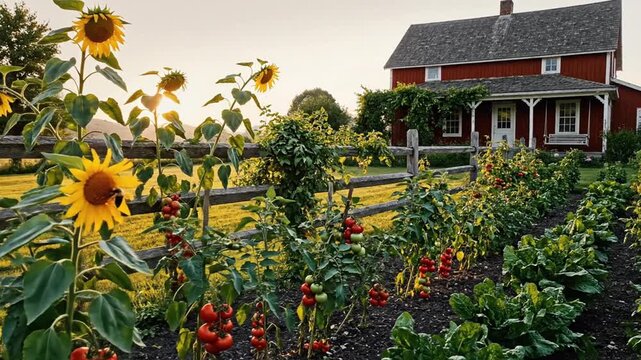 Picturesque Rural Home With Blooming Sunflower Garden And Vegetable Patch At Golden Hour Warm Sunlight