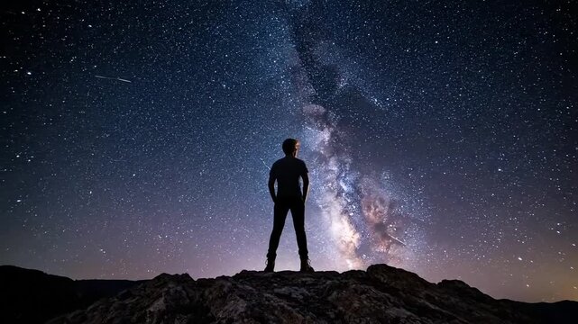 Man standing on mountain peak gazing at stunning starry night sky