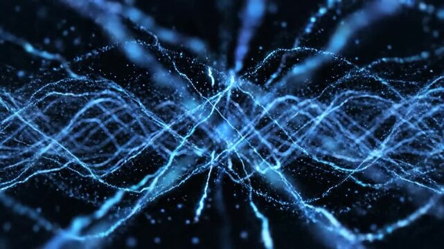 Abstract blue glowing particles weave intricate digital patterns on a dark