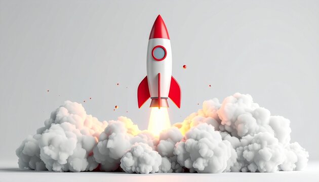 白い煙を上げて発射する赤と白のロケットの3Dイラスト
