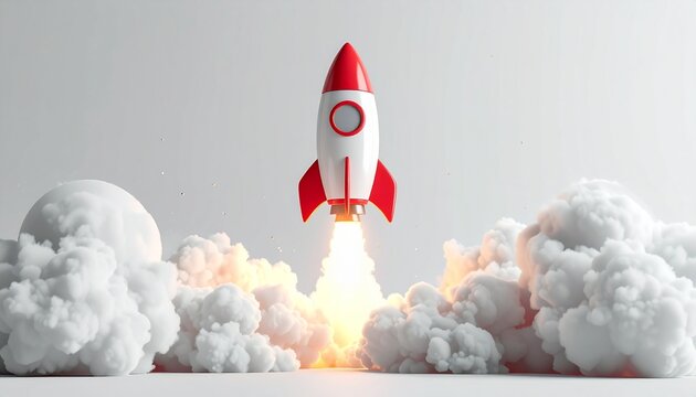 白い煙を上げて発射する赤と白のロケットの3Dイラスト