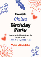 Floral Birthday Party Invitation Card with Cute Hand Drawn Illustration