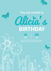 Turquoise Butterfly Birthday Invitation Card with Hand Drawn Floral Illustration