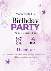 Purple Floral Birthday Party Invitation Template with Watercolor Background