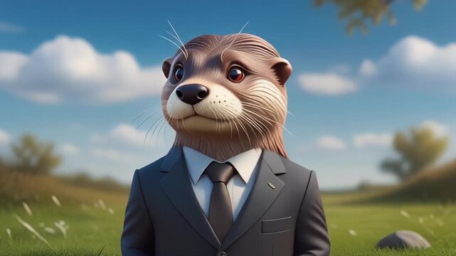 Otter in a business suit standing in a green field under a blue sky